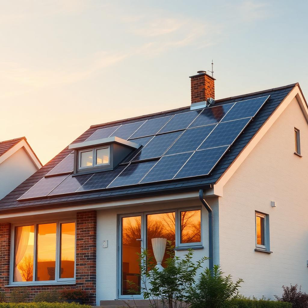 Modern UK home with rooftop solar panels at golden hour